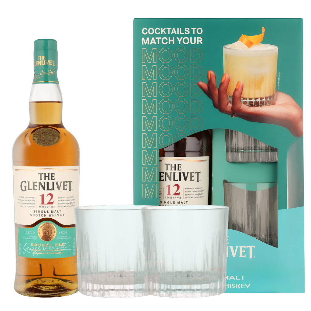 The Glenlivet 12 Years Double Oak + 2 glazen 0.7 liter Whisky