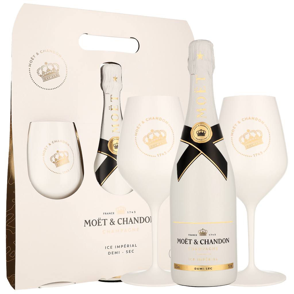 Moet & Chandon Ice Imperial + 2 Faux White glazen 0.75 liter Wijn + Giftbox + Giftbox