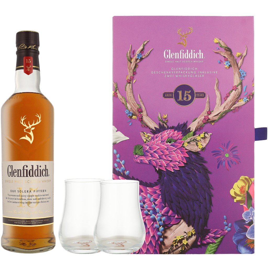 Glenfiddich 15 Years Solera + 2 glazen 0.70 liter Whisky + Giftbox + Giftbox