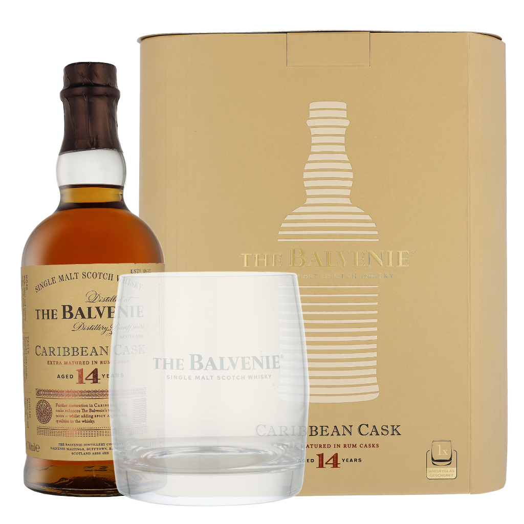 Balvenie 14 Years Caribbean Cask + Tumbler glas 0.70 liter Whisky + Giftbox + Giftbox